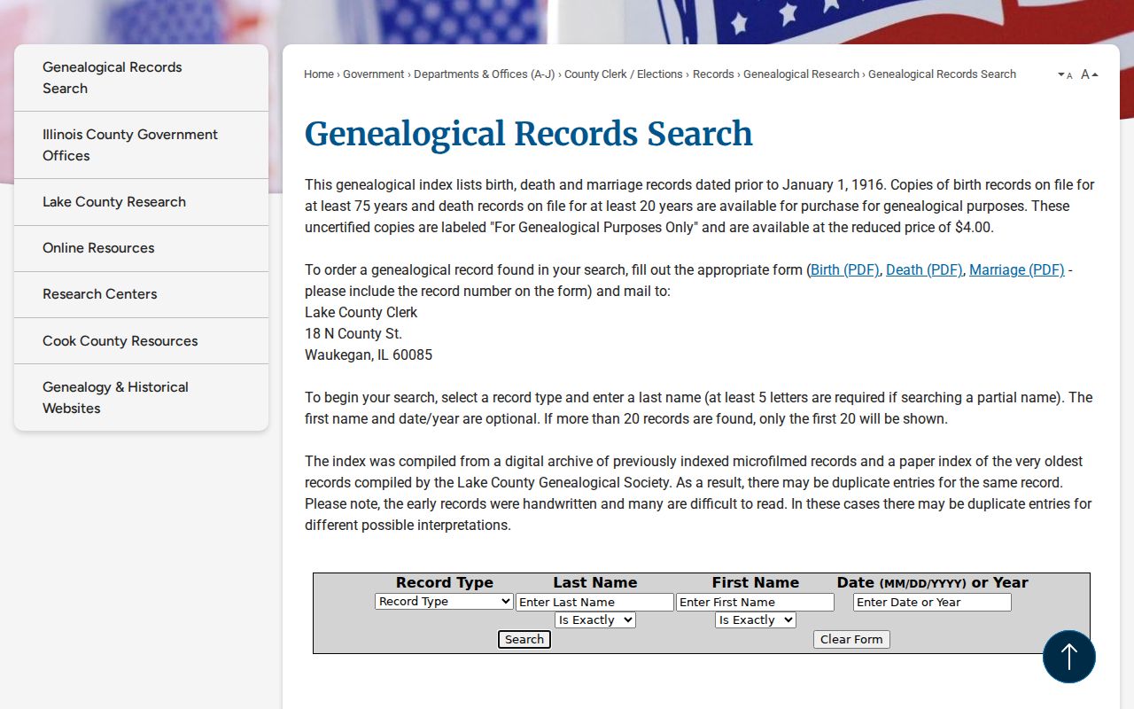Lake County genealogical records search for historical Gurnee resident research