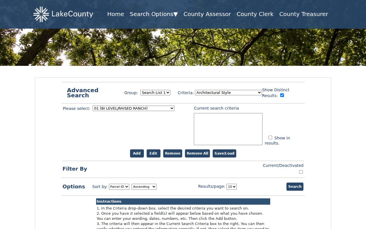 Lake County advanced property search fields for a Gurnee street directory search