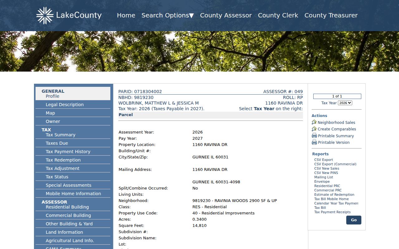 Lake County Gurnee parcel profile with situs mailing legal and district tabs