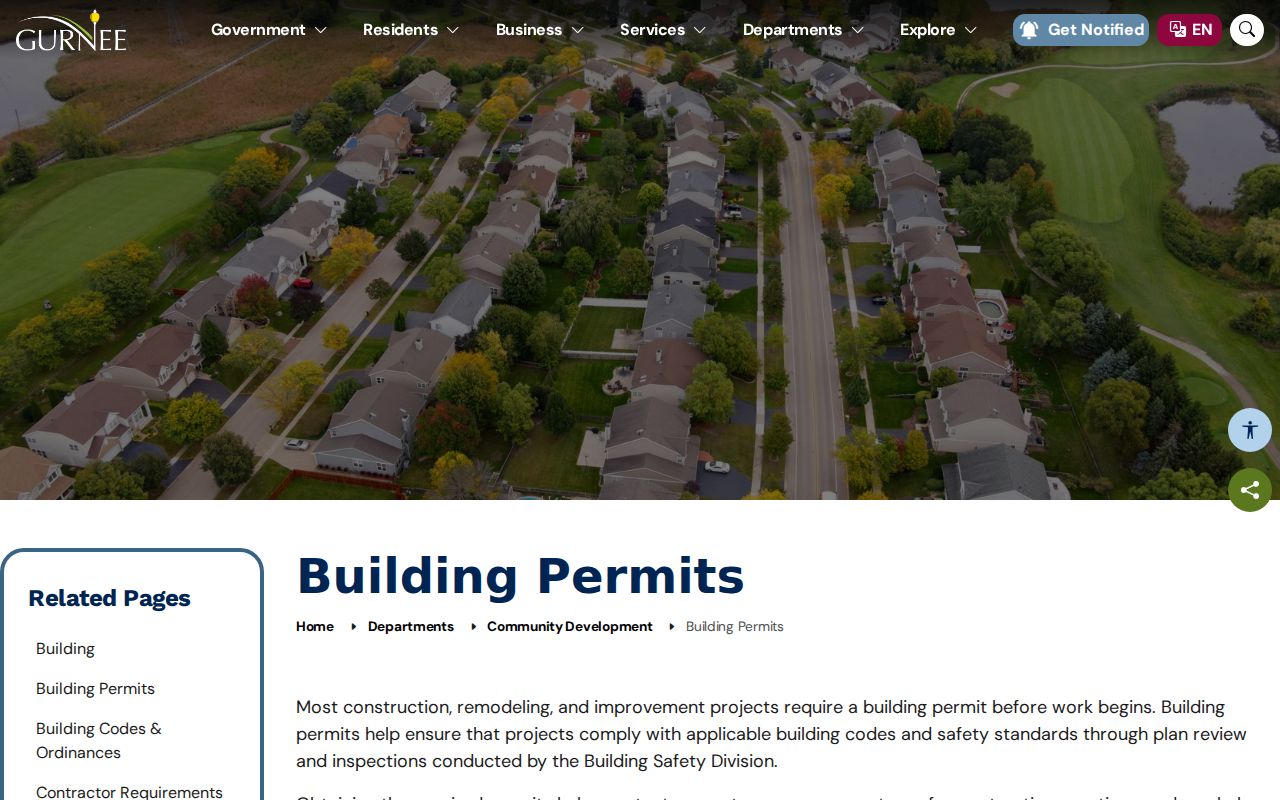 Village of Gurnee building permit page for address-specific municipal records