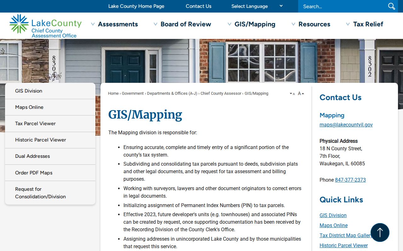 Lake County GIS Mapping page used to browse Gurnee streets and parcels