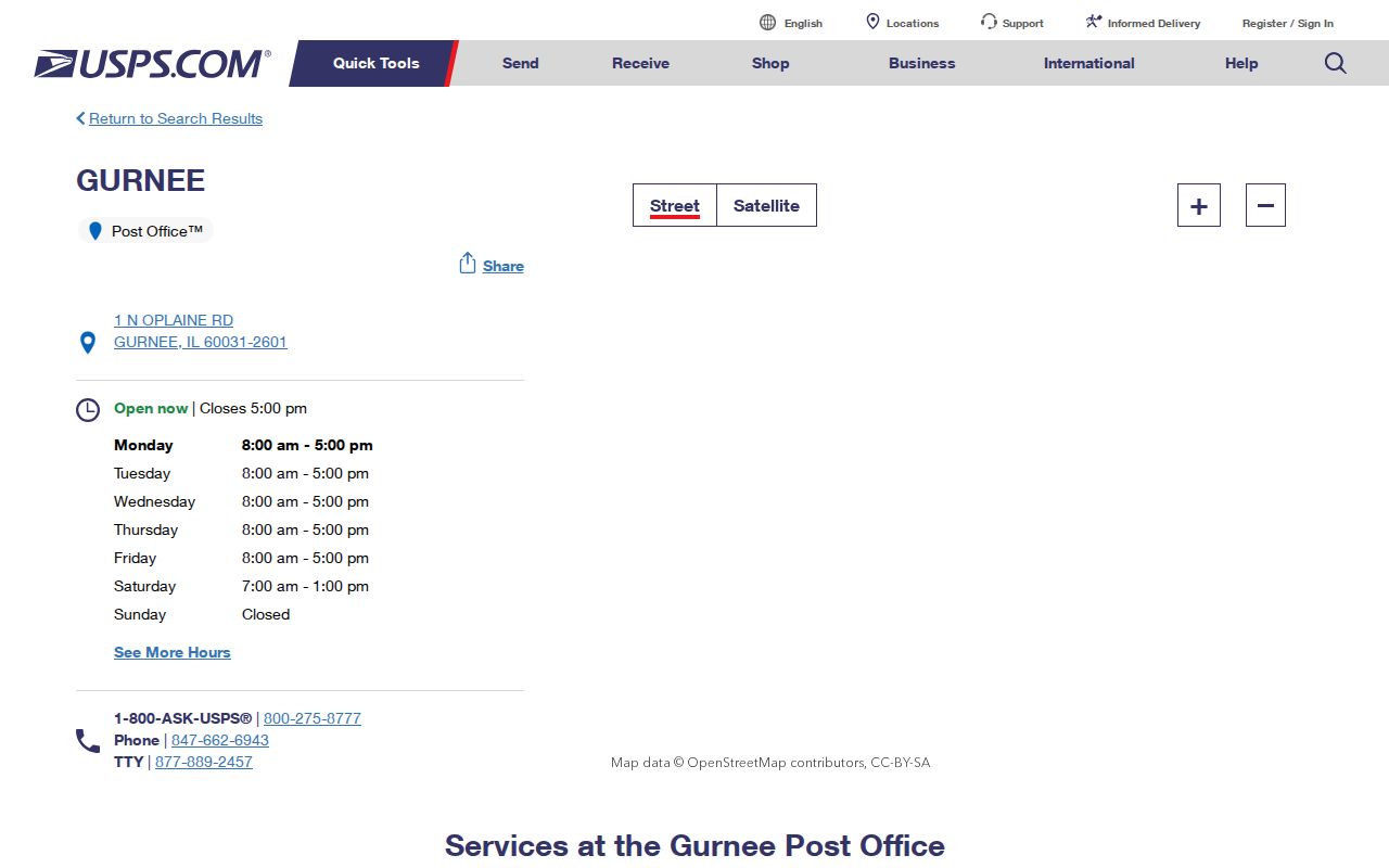Gurnee ZIP code directory USPS post office record
